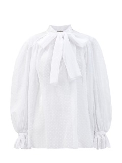 Блуза из полупрозрачного хлопка с бантом и микро-помпонами